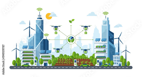 Green Smart City Concept: Sustainable Urban Living, IoT Agriculture Drones, Solar Power & Wind Energy Integration