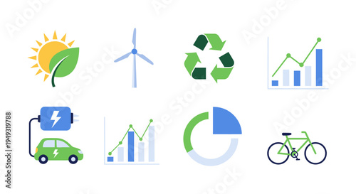 Green Energy & Sustainability Icons Set. Eco-Friendly, Renewable Power, Electric Vehicles, Recycling, and Environmental Data Visualizations.