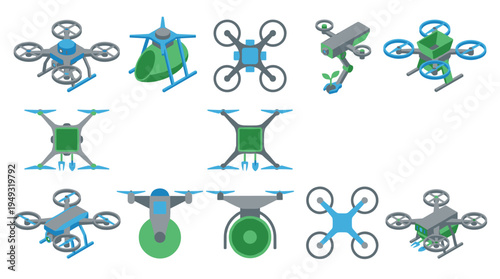 A set of thirteen different isometric drone and quadcopter icons is displayed in three rows against a white background.