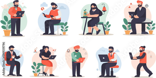 Diverse individuals engage with digital devices in various settings