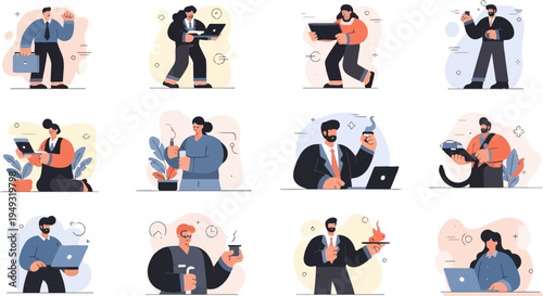 Diverse individuals engaged in professional activities and tasks with modern technology