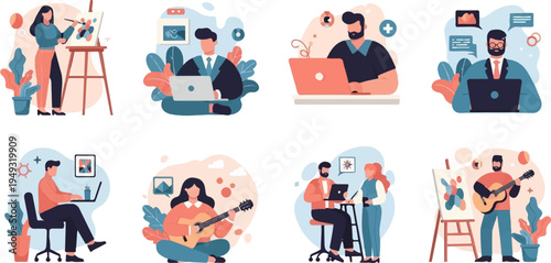 Diverse individuals engaged in creative and work pursuits