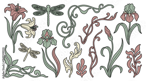 A collection of Art Nouveau style illustrations of flowers, dragonflies, and decorative elements is presented in a muted color palette.