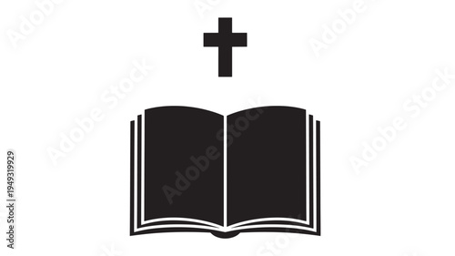 Bible and cross icon with black silhouette symbolizing faith, religion, and scripture for spiritual content.