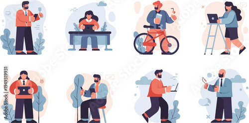 Diverse individuals engaged in daily activities, showcasing modern life and work