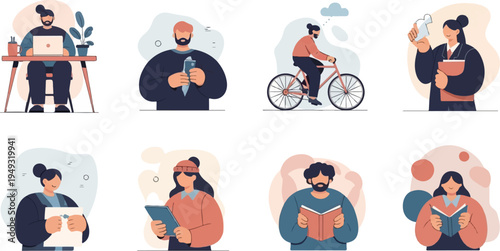 Diverse individuals engaged in daily life activities work, leisure, and learning