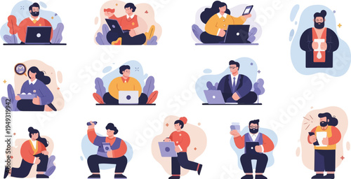 Diverse individuals engaged in digital activities and daily routines