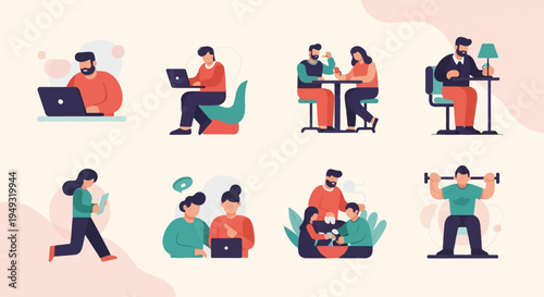 Diverse individuals engaged in daily activities working, socializing, dining, exercising