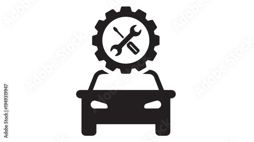 Car icon with tools and gear symbolizing automotive repair services and mechanical expertise in a professional context.