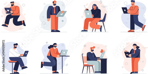 Diverse individuals engaged in digital tasks, seated and standing, utilizing modern devices