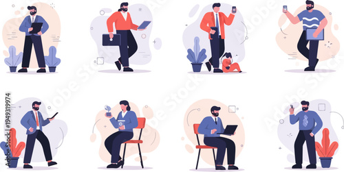 Diverse individuals engaged in digital activities, business, and daily life scenarios