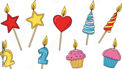 Cute Birthday Candle Set with Star, Heart, Number Two, Cupcake and Spiral Party Candles for Celebration Cakes and Festive Event Designs