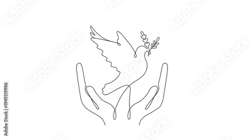 Dove with olive branch cradled in hands, presented as a minimalist continuous line drawing symbolizing peace and hope.