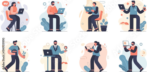 Diverse individuals engaged in digital tasks, symbolizing modern work and communication