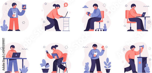 Diverse individuals engaged in digital activities and work settings