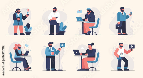 Diverse individuals engage in various work and tech-related activities in a modern, flat illustration style