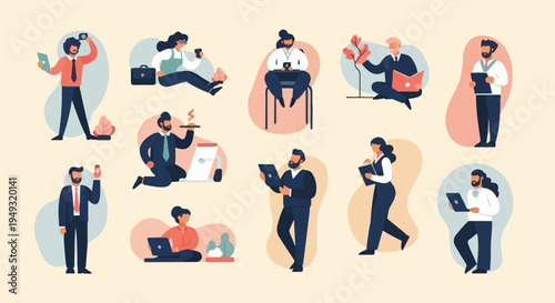 Diverse individuals engage in various work-related activities on digital devices