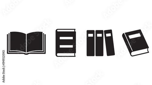 Books set with open and closed books in different orientations and styles, presented as simple black icons.