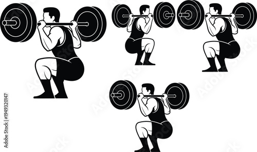 Barbell squat exercise sequence, weightlifting technique demonstration, strength training workout illustration, gym fitness movement guide, athlete performing back squat tutorial