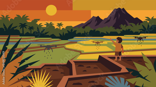 A young boy watches as two drones seed terraced rice paddies in a vibrant, mountainous landscape at sunset.