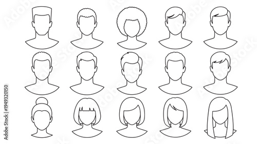 Avatars diverse male and female head silhouettes with various hairstyles and necklines rendered in clean black outline on white.