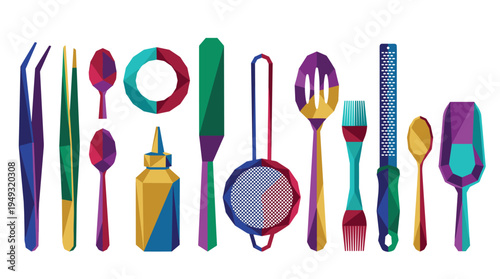 A horizontal arrangement of various kitchen utensils, including tweezers and a strainer, is rendered in a colorful low-poly style.