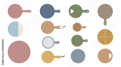 A collection of minimalist, textured round cutting boards and plates in muted earth tones is displayed on a white background.