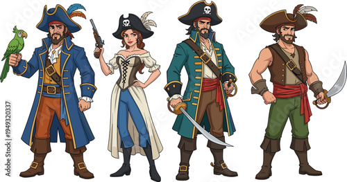 Pirate characters crew with swords pistol parrot and tricorn hats sea adventure cartoon vector illustration set