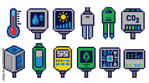 A set of twelve colorful pixel art icons depicts various scientific sensors and measurement devices against a white background.
