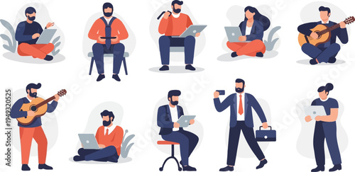 Diverse group of people working, playing music, and using technology