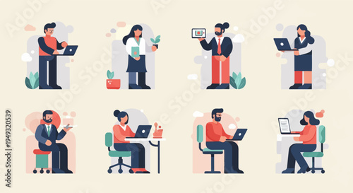 Diverse group of people working on laptops in stylized office settings