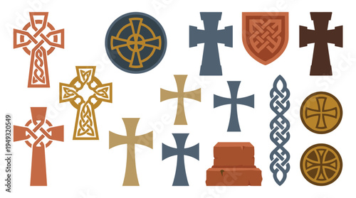 A set of sixteen Celtic crosses and knotwork symbols are illustrated in various earthy colors against a clean white background.