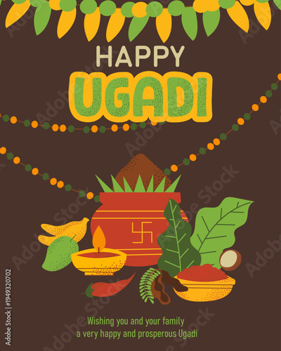 Happy Ugadi New Year festival. Holiday celebrated by the inhabitants of Karnataka and Andhra Pradesh. Abstract vector illustration graphic design.