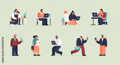 Diverse group of professionals engaging in various work-related activities