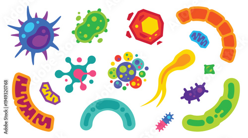 A colorful set of thirteen cartoon bacteria, viruses, and microscopic cell organisms is illustrated on a plain white background.