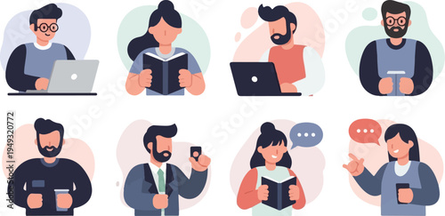 Diverse group of people engaged in various modern activities like working and communicating