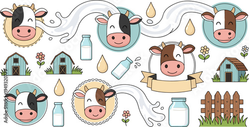 Cute Cow and Dairy Farm Cartoon Vector Set with Milk Bottle, Barn, Fence, Butter Drops and Farm Animals Illustration for Agriculture and Food Design