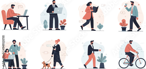 Diverse individuals engage in various daily activities, showcasing modern life