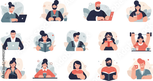 Diverse group of people engaged in various everyday activities and hobbies