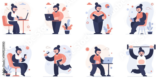 Diverse cartoon person in various activities work, reading, phone, exercise