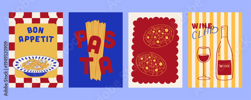Mediterranean food posters set with pasta, pizza and wine. Retro Italian cuisine illustrations with bon appetit typography for kitchen decor, cafes and restaurant interiors