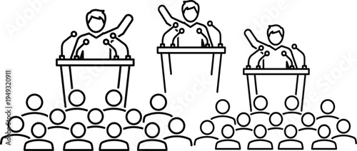 Political debate speakers addressing audience from podiums, public speech event concept, leadership campaign communication, cad drawing flat vector illustration stage