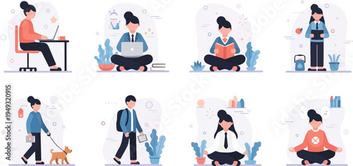 Diverse individuals engage in various daily activities work, study, leisure, and wellness