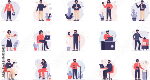 Diverse cartoon people engaging in various activities with modern props