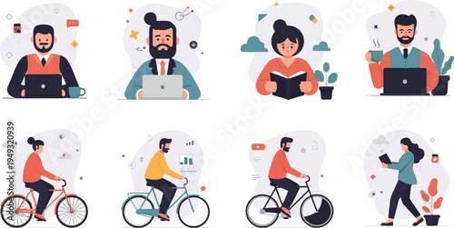 Diverse cartoon people engaged in work, reading, and cycling activities