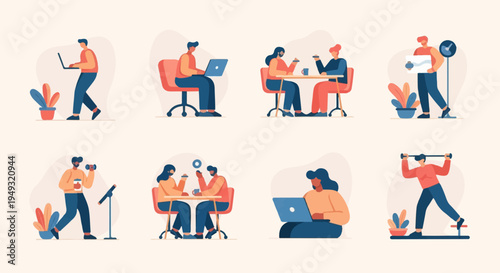 Diverse individuals engage in various daily activities, including work, exercise, and social interaction