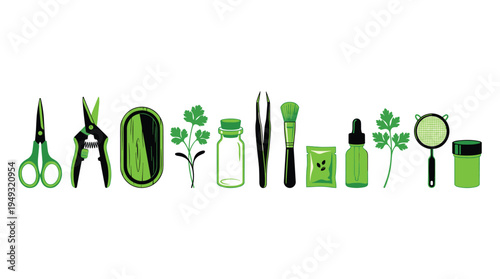 A set of thirteen green and black herbology tools, including scissors, jars, and parsley, is arranged on a white background.