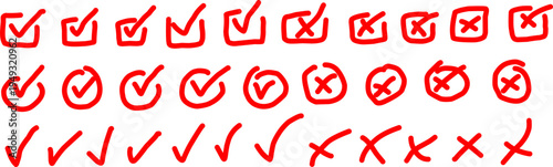Hand-drawn red check marks and cross icons set. Doodle style approval and rejection symbols in boxes and circles, perfect for checklists, forms, UI, and design.