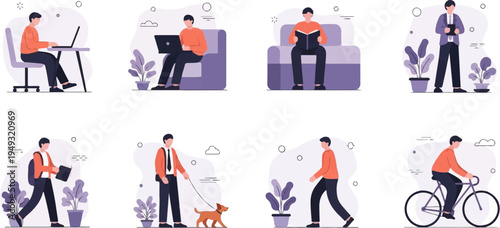 Diverse individuals engage in various daily activities working, reading, and outdoor pursuits