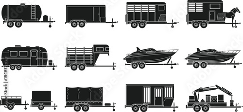 Black silhouette trailer collection set including cargo, horse, boat, tanker and utility trailers isolated for transport and logistics concept